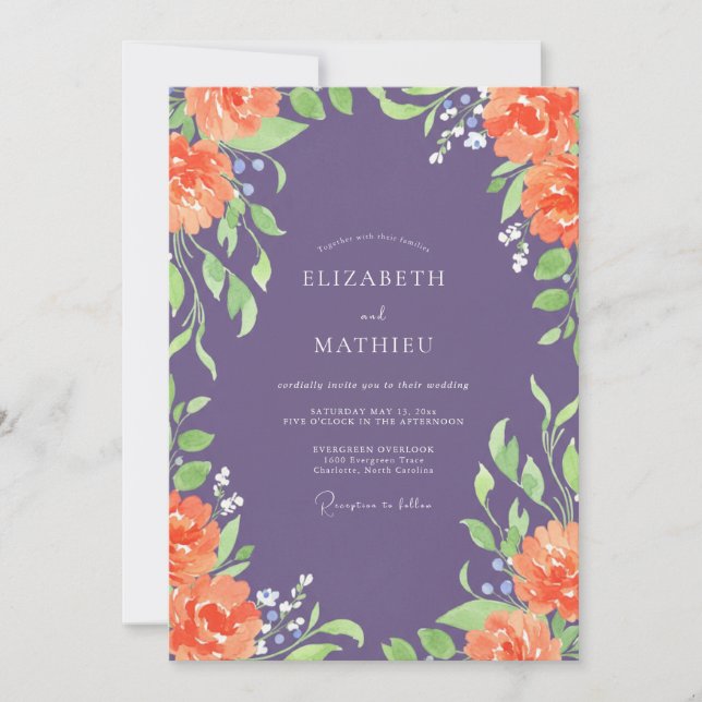 Amethyst Coral Painted Wedding Invitation (Front)