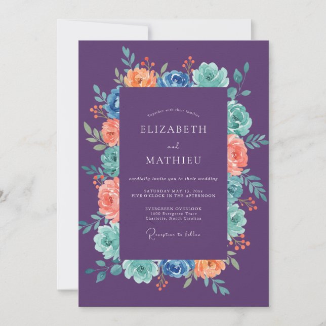 Amethyst Coral Ranunculus Eucalyptus Wedding Invitation (Front)