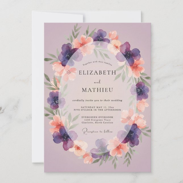 Amethyst Coral Wreath Wedding Invitation (Front)