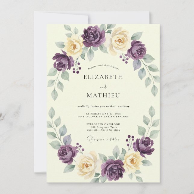 Amethyst Cream Ranunculus Eucalyptus Wedding Invitation (Front)