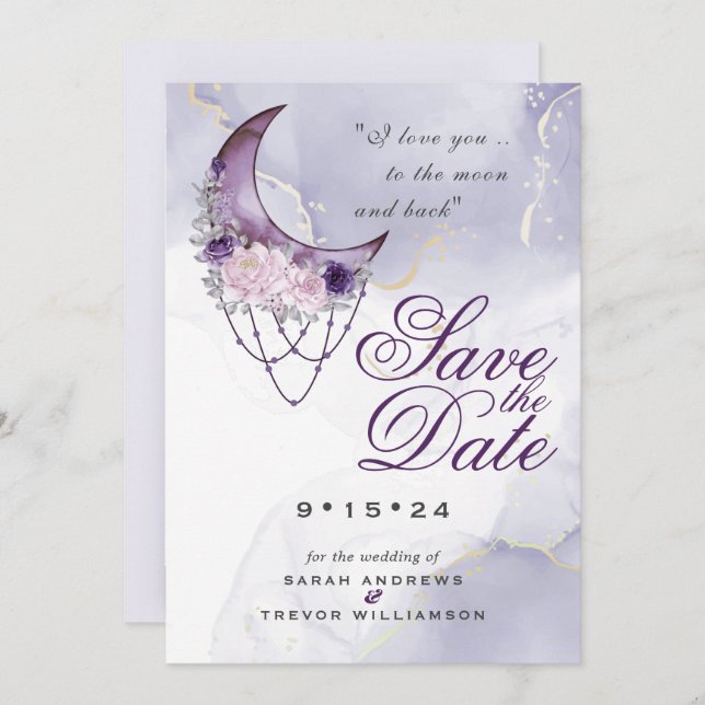 Amethyst Crescent Moon Photo Save the Date Invitation (Front/Back)