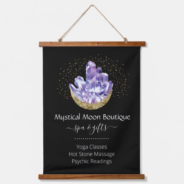 Amethyst Crystal Cluster Gold Crescent Moon Mystic Hanging Tapestry (Front)