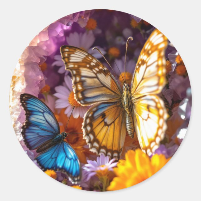 Amethyst Crystals Garden Butterfly Classic Round Sticker (Front)