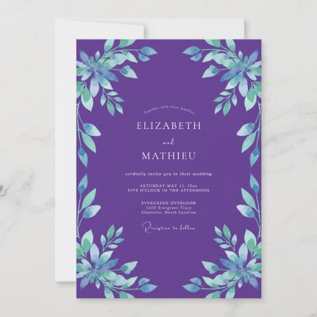 Amethyst Cyan Leafy Wedding Invitation (Front)