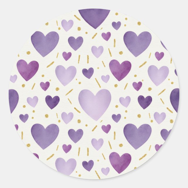 Amethyst Dream Watercolor & Gold Glitter Hearts Classic Round Sticker (Front)