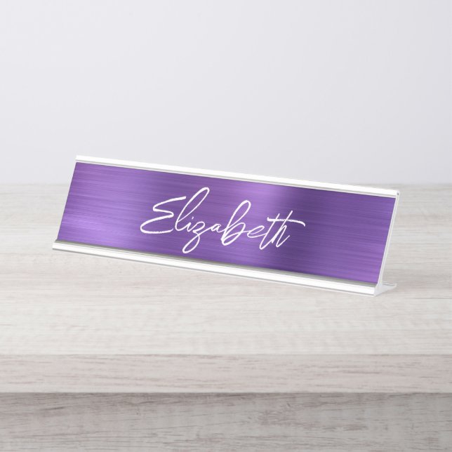 Amethyst Foil Modern Brush Script First Name Desk Name Plate (Front)