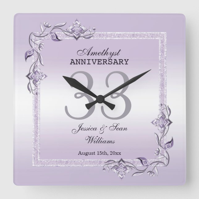 Amethyst Gem & Glitter 33rd Wedding Anniversary Square Wall Clock (Front)