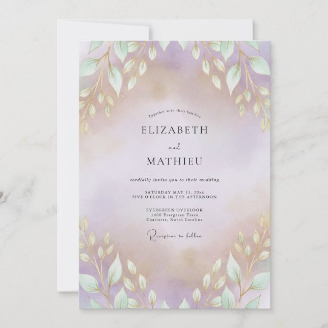 Amethyst Gold Leafy Wedding Invitation (Front)