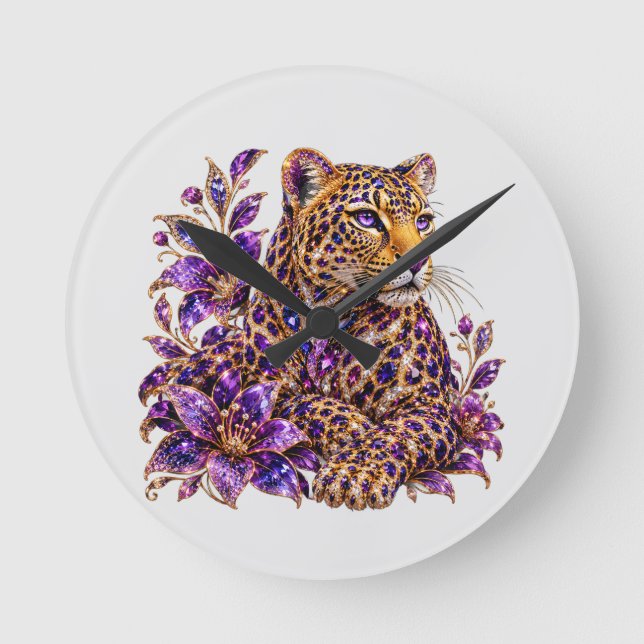 Amethyst Jewel Leopard Art Round Clock (Front)