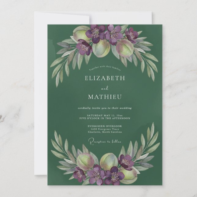 Amethyst Leafy Olive Wedding Invitation (Front)