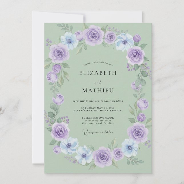 Amethyst Mint Wreath Wedding Invitation (Front)