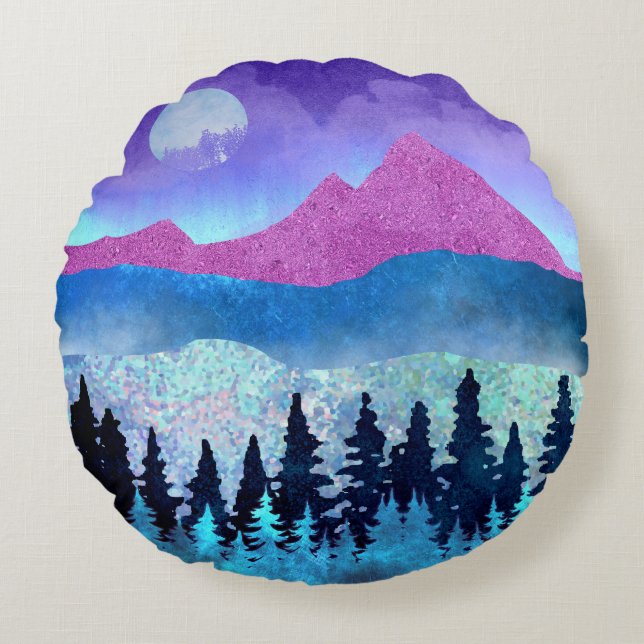 Amethyst Mist Mountains Round Pillow (Front)
