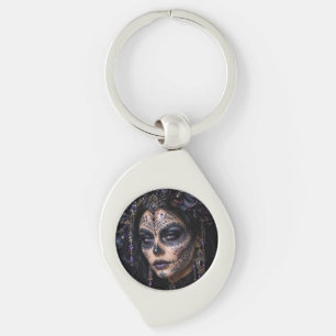 Amethyst Orchid Calavera – Gothic Sugar Skull Keychain