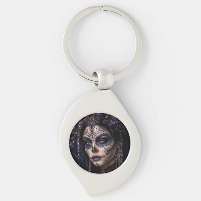 Amethyst Orchid Calavera – Gothic Sugar Skull Keychain (Front)