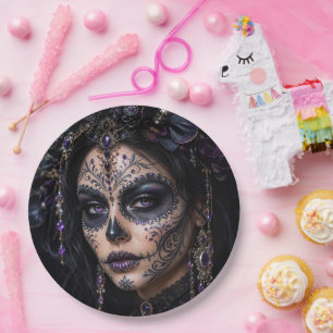 Amethyst Orchid Calavera – Gothic Sugar Skull Paper Plate