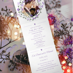 Amethyst Orchid Purple Lilac Peony Floral Wedding Tri-Fold Invitation