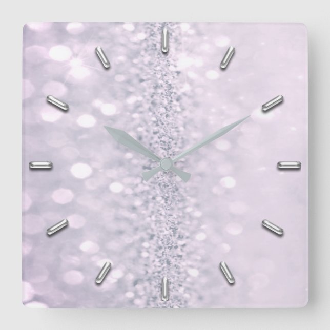 Amethyst Plum Glitter Grey Metal Abstract Lavender Square Wall Clock (Front)