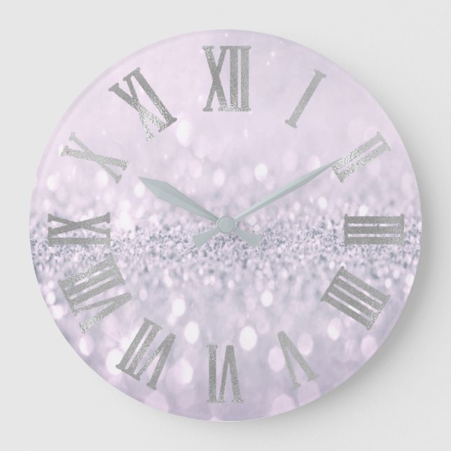 Amethyst Plum Glitter Grey Metal Roman Numbers Large Clock (Front)