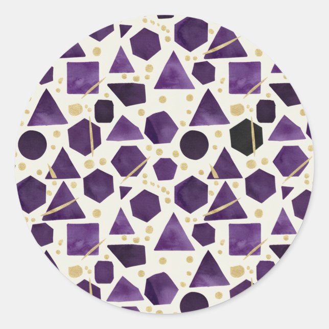 Amethyst & Plum Watercolor Geometric Pattern Classic Round Sticker (Front)