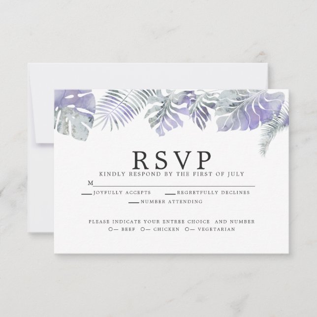 Amethyst Plum  Watercolor Tropical Leaves RSVP Card (Front)