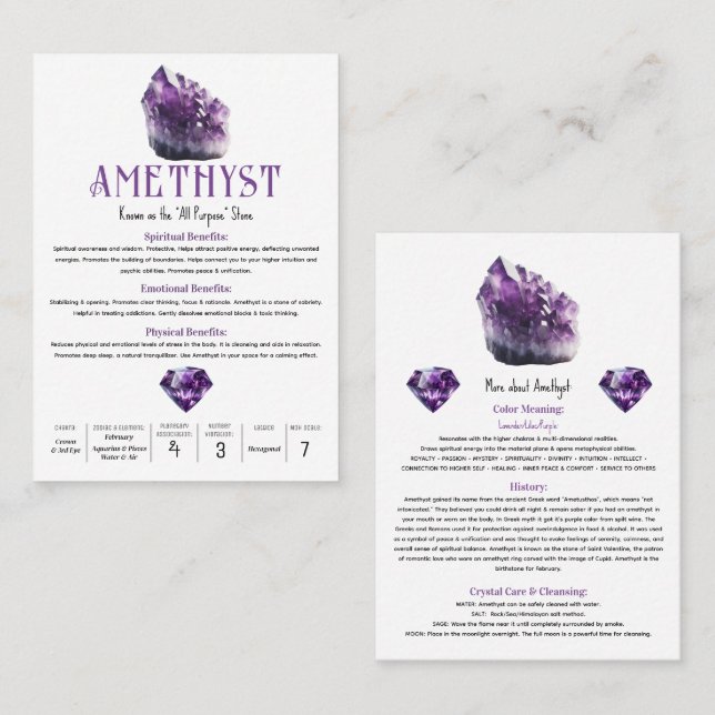 Amethyst Purple Crystal Metaphysical Properties Business Card (Front/Back)