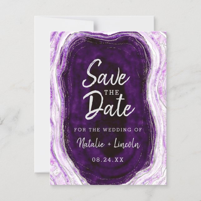 Amethyst Purple Geode Slice Wedding Save the Date Magnetic Invitation (Front)