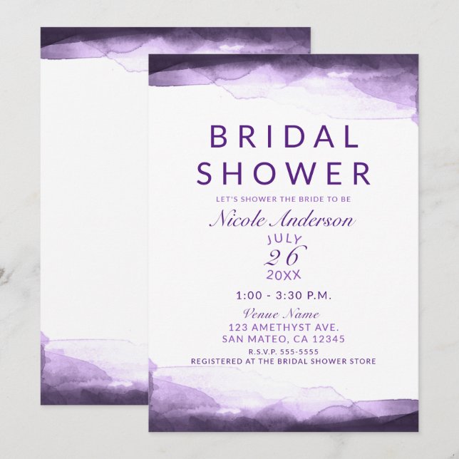 Amethyst Purple Plum Watercolor Bridal Shower Invitation (Front/Back)
