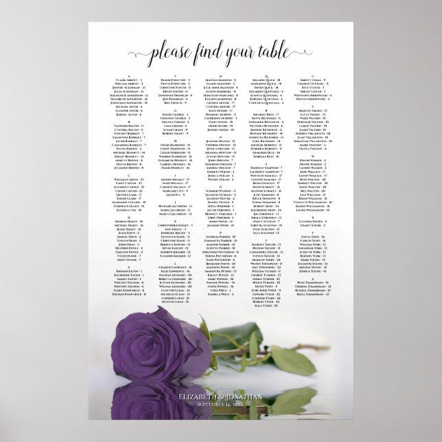 Amethyst Purple Rose Alphabetical Seating Chart (Front)