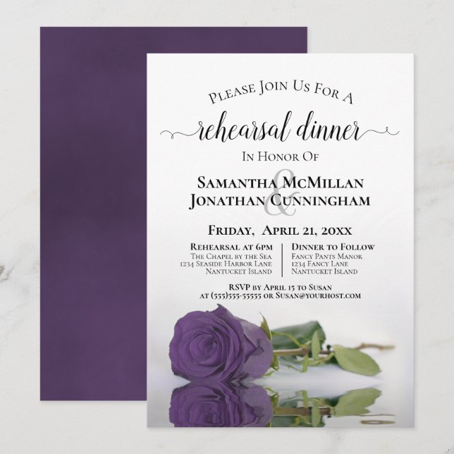 Amethyst Purple Rose Chic Wedding Rehearsal Dinner Invitation (Front/Back)