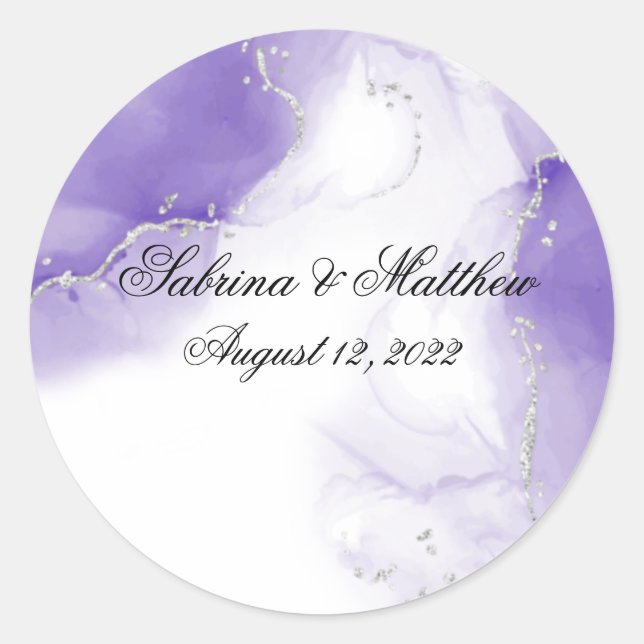 Amethyst Purple Script Silver Classic Round Sticker (Front)