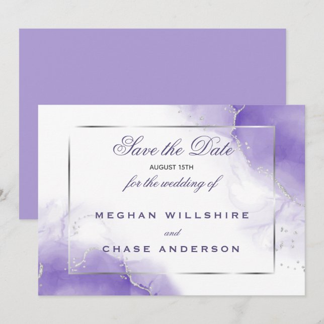 Amethyst Purple Script Silver Invitation (Front/Back)