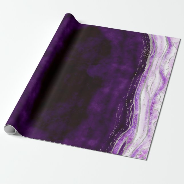 Amethyst Purple & Silver Agate Marble Wedding Wrapping Paper (Unrolled)