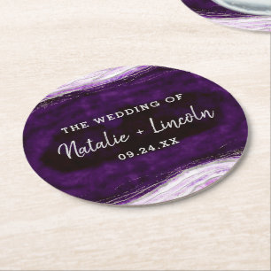 Amethyst Purple & Silver Geode Slice Monogram Round Paper Coaster
