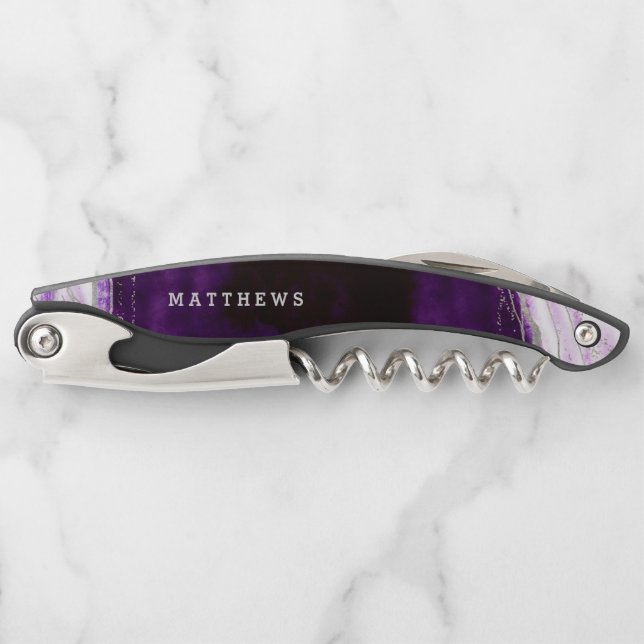 Amethyst Purple & Silver Geode Wedding Monogram Corkscrew (Front)