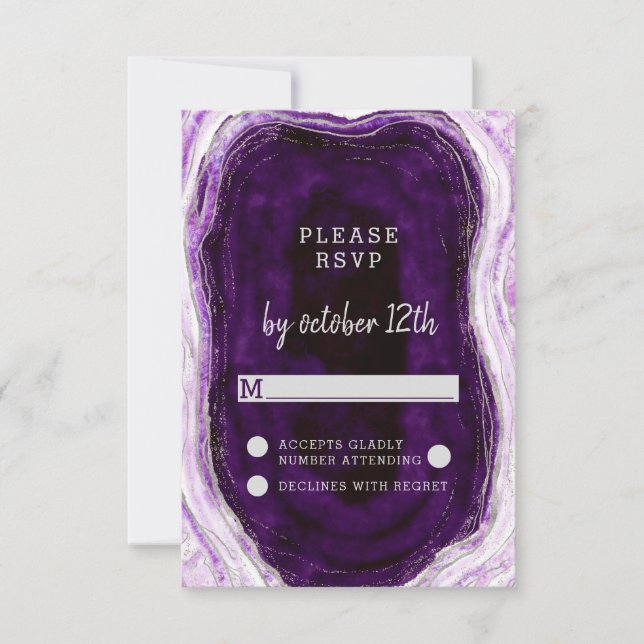 Amethyst Purple & Silver Geode Wedding RSVP Reply (Front)