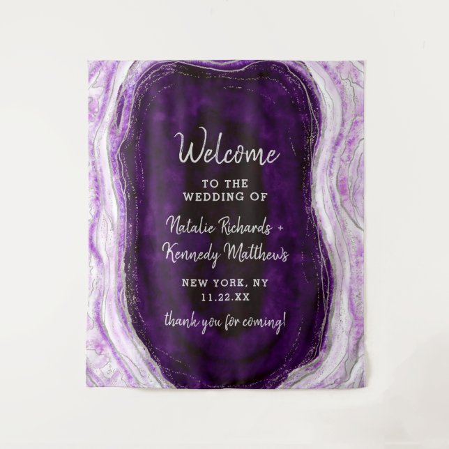 Amethyst Purple & Silver Geode Wedding Welcome Tapestry (Front)