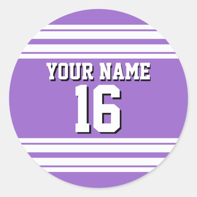 Amethyst Purple Wht Team Jersey Custom Number Name Classic Round Sticker (Front)