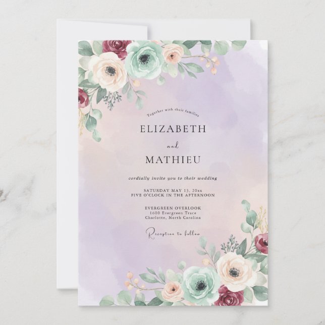 Amethyst Seafoam Ranunculus Eucalyptus Wedding Invitation (Front)