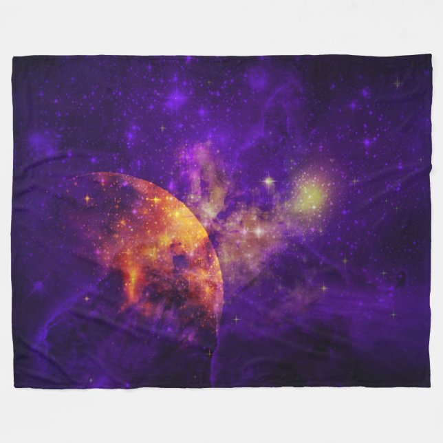 Amethyst Sky,Golden Planet n Nebula Fleece Blanket (Front (Horizontal))