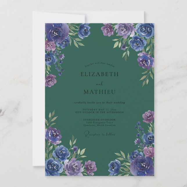 Amethyst Teal Ranunculus Muted Eucalyptus Wedding Invitation (Front)