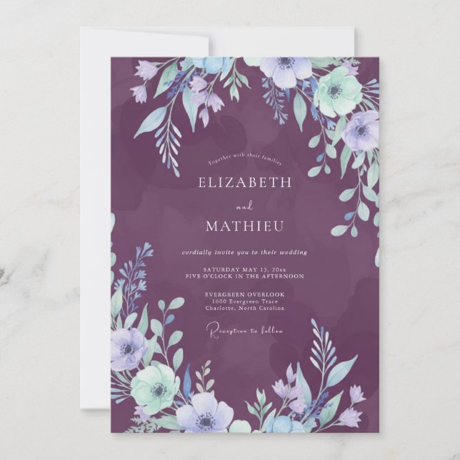 Amethyst Violet Leafy Wedding Invitation (Front)