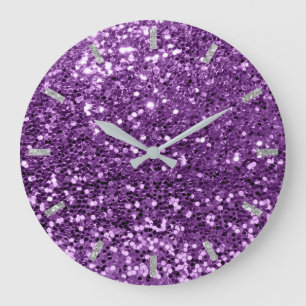 Amethyst Violet Purple Sparkly Faux Glitter Grey Large Clock