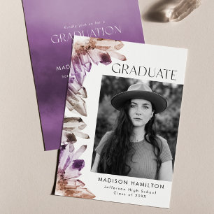 Amethyst Watercolor Crystal Photo Graduation Party Invitation