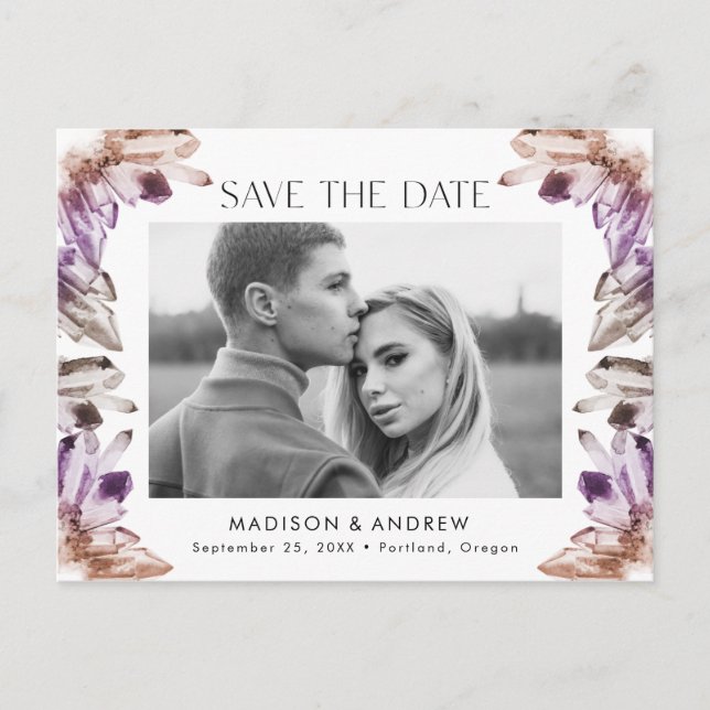 Amethyst Watercolor Crystal Photo Save the Date Announcement Postcard (Front)