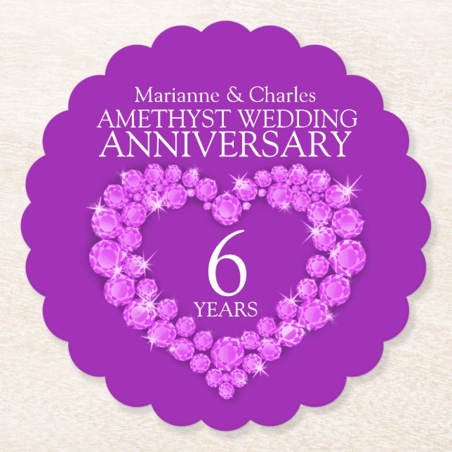 Amethyst wedding 6th anniversary heart coasters (Front)