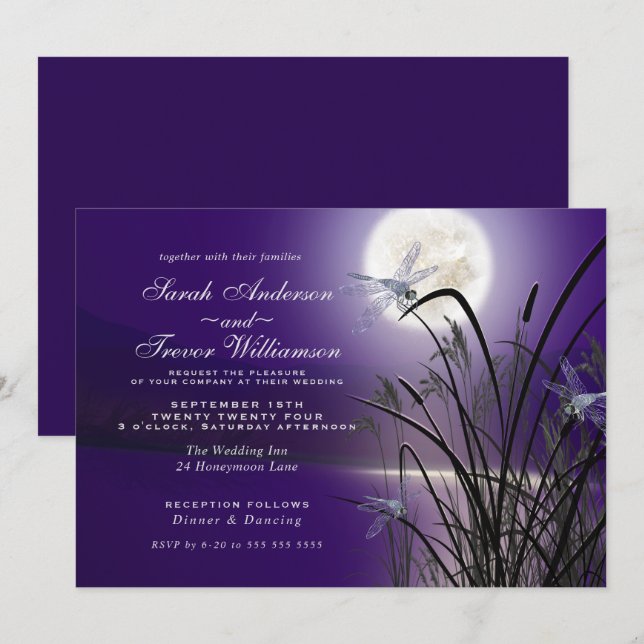 Amethyst Wedding Full Moon Dragonfly Pond Invitation (Front/Back)