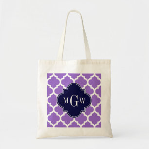 Amethyst White Moroccan #5 Navy 3 Initial Monogram Tote Bag