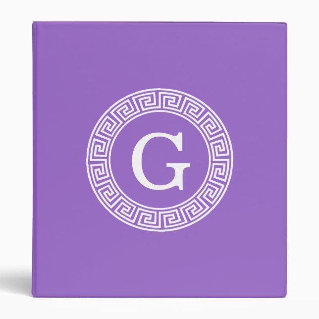 Amethyst Wht Greek Key Rnd Frame Initial Monogram Binder (Front)