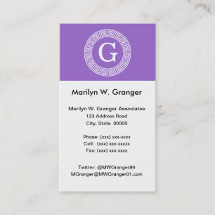 Amethyst Wht Greek Key Rnd Frame Initial Monogram Business Card