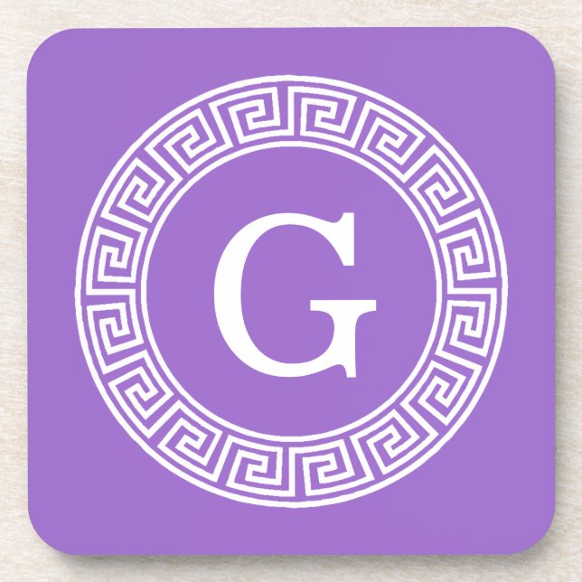 Amethyst Wht Greek Key Rnd Frame Initial Monogram Coaster (Front)